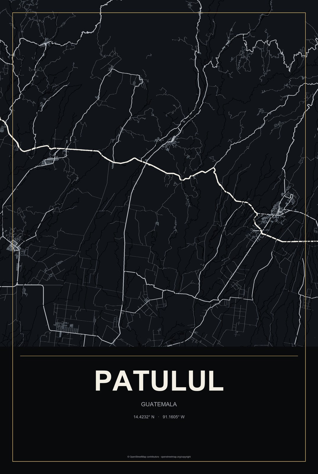 Patulul, Guatemala City Map Aluminum Sign in Metropolitan Noir style