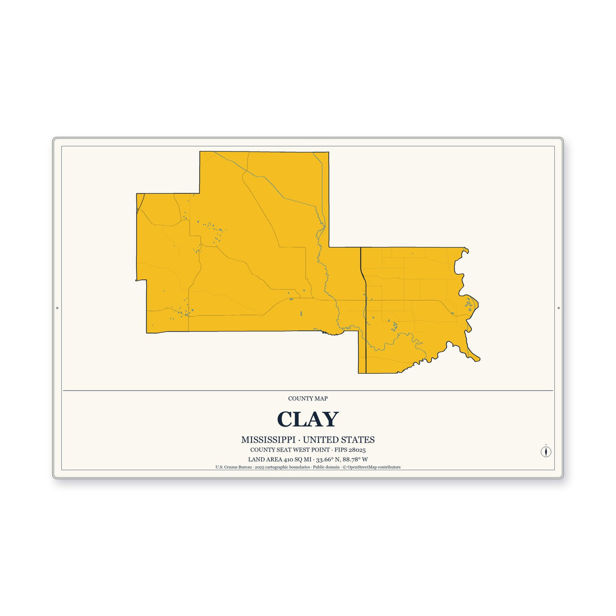Clay County, Mississippi Map Aluminum Sign in Citrine Modern style