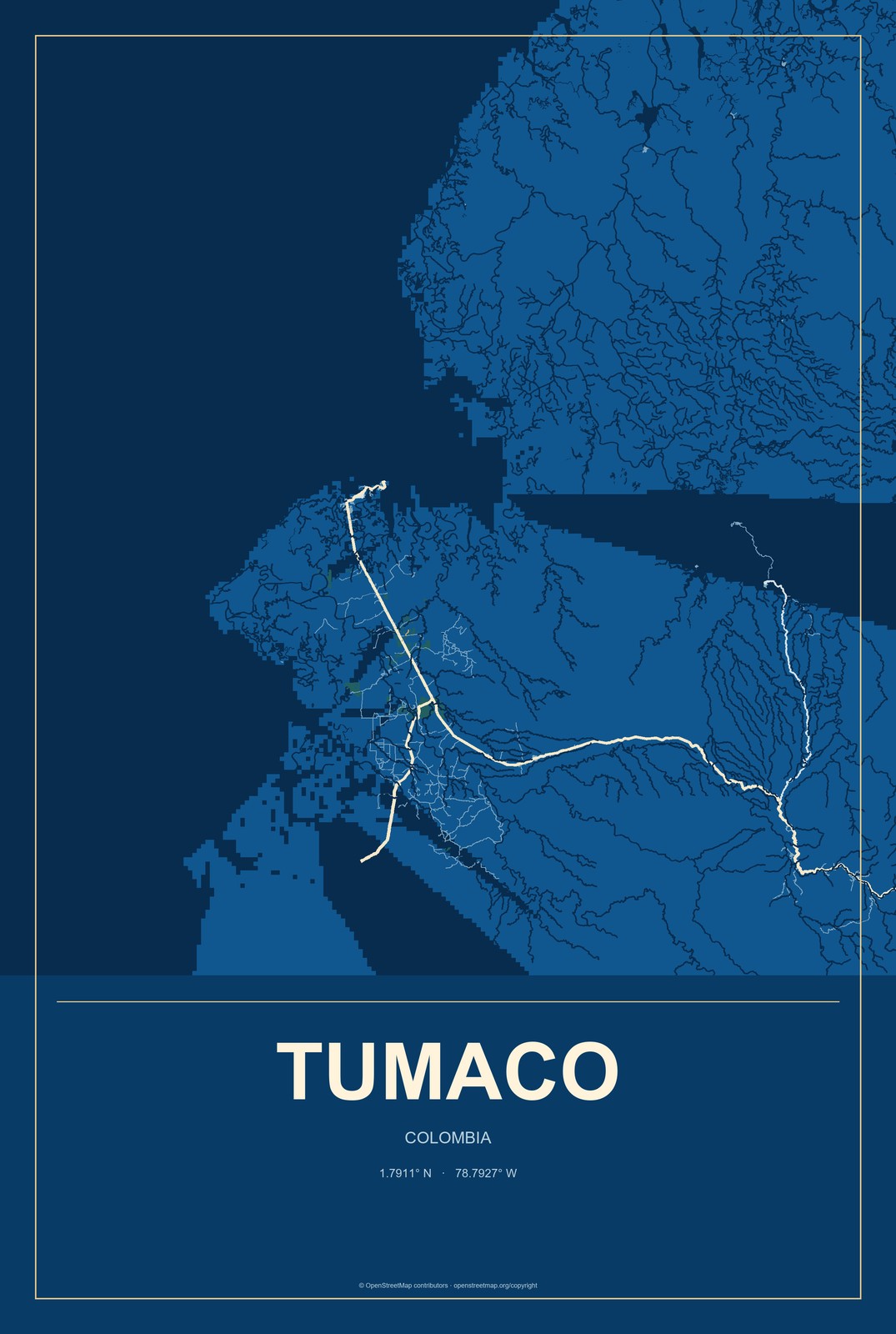 Tumaco, Colombia City Map Aluminum Sign in Harbor Cobalt style