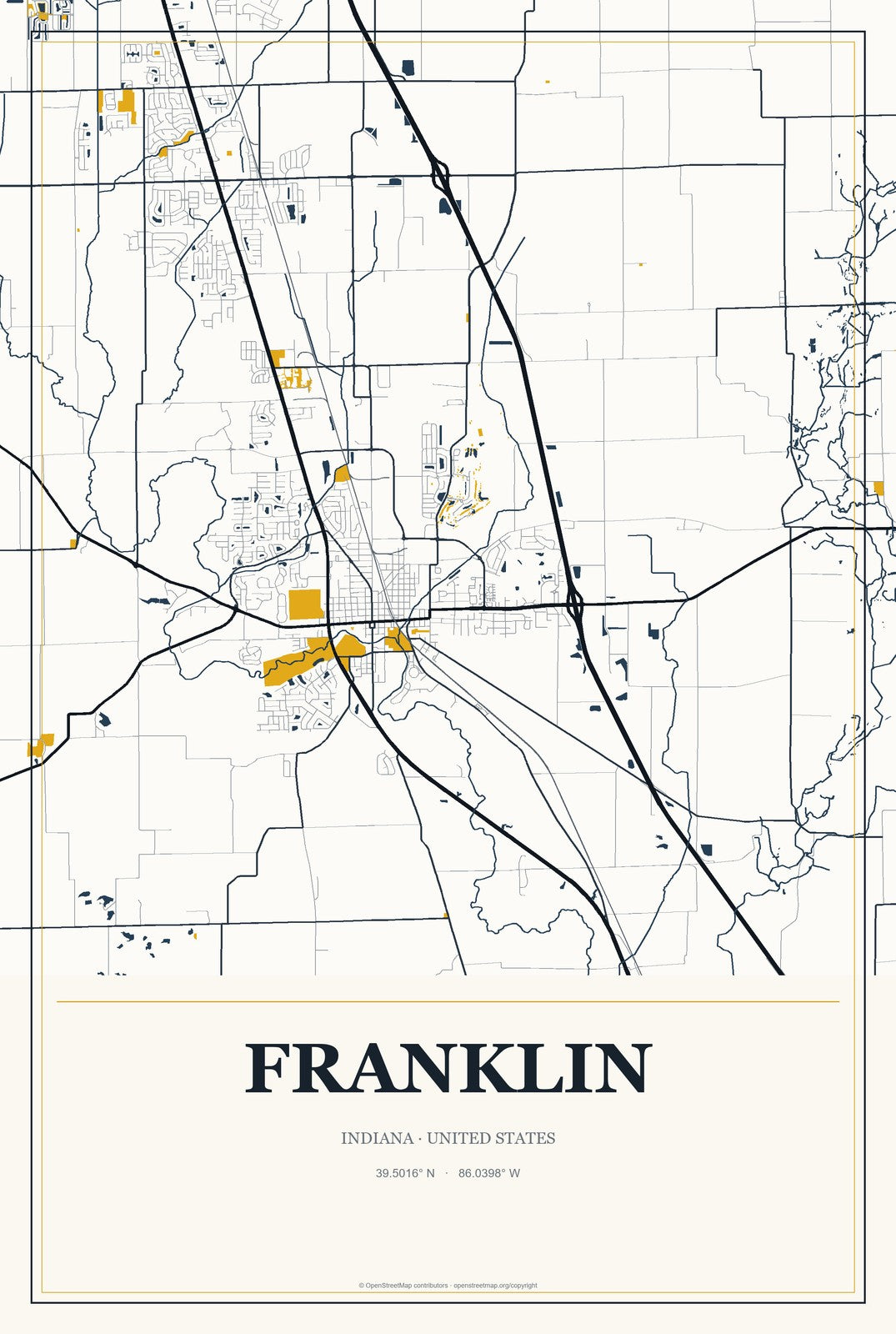 Franklin, Indiana City Map Aluminum Sign in Citrine Modern style