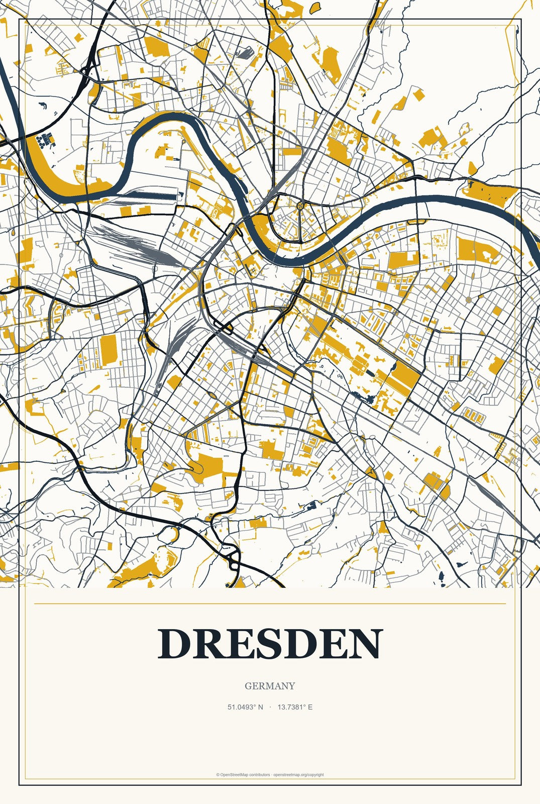 Dresden, Germany City Map Aluminum Sign in Citrine Modern style