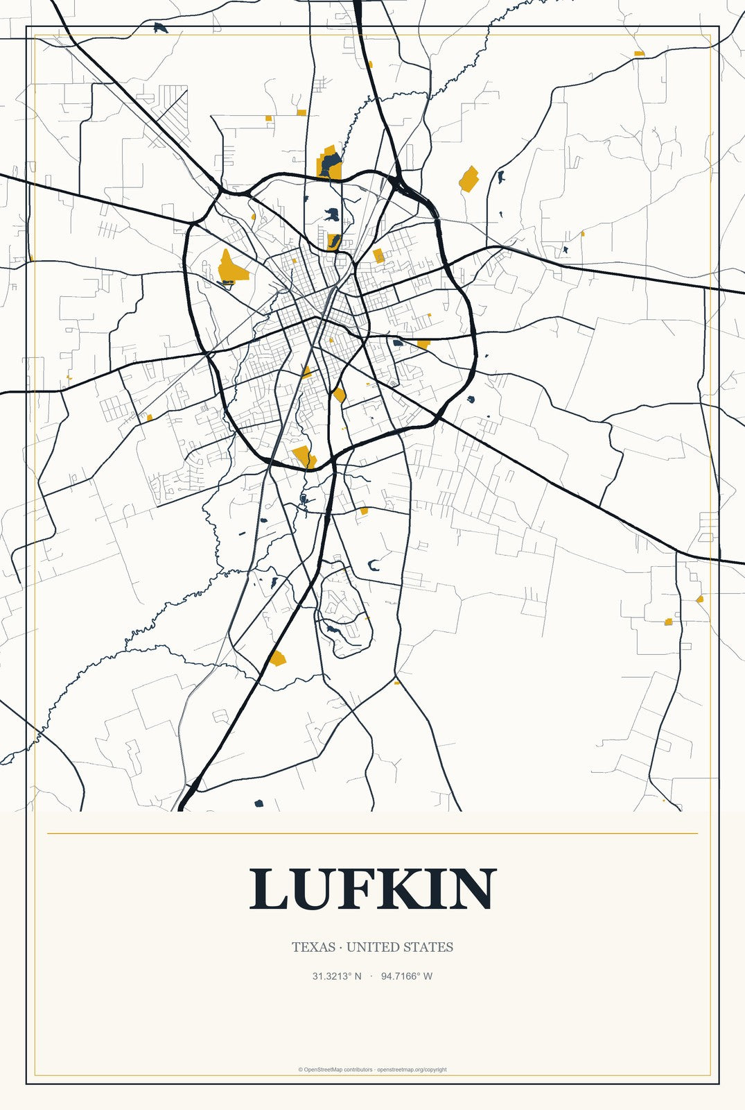 Lufkin, Texas City Map Aluminum Sign in Citrine Modern style