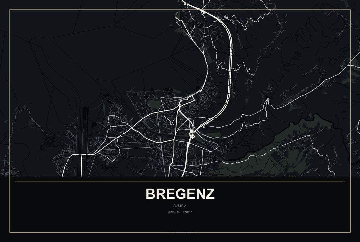 Bregenz, Austria City Map Aluminum Sign in Metropolitan Noir style