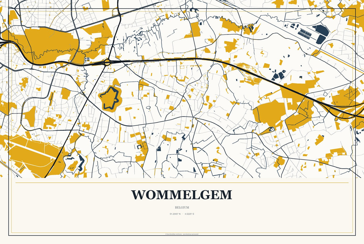 Wommelgem, Belgium City Map Aluminum Sign in Citrine Modern style