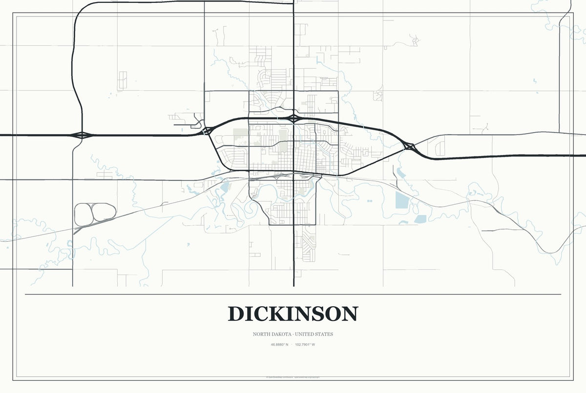 Dickinson, North Dakota City Map Aluminum Sign in Gallery Air style