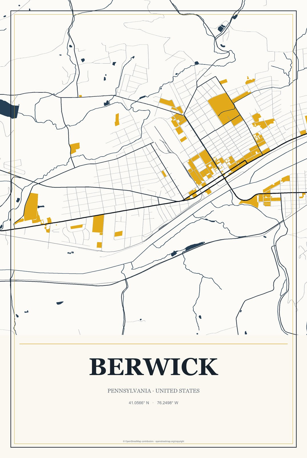 Berwick, Pennsylvania City Map Aluminum Sign in Citrine Modern style