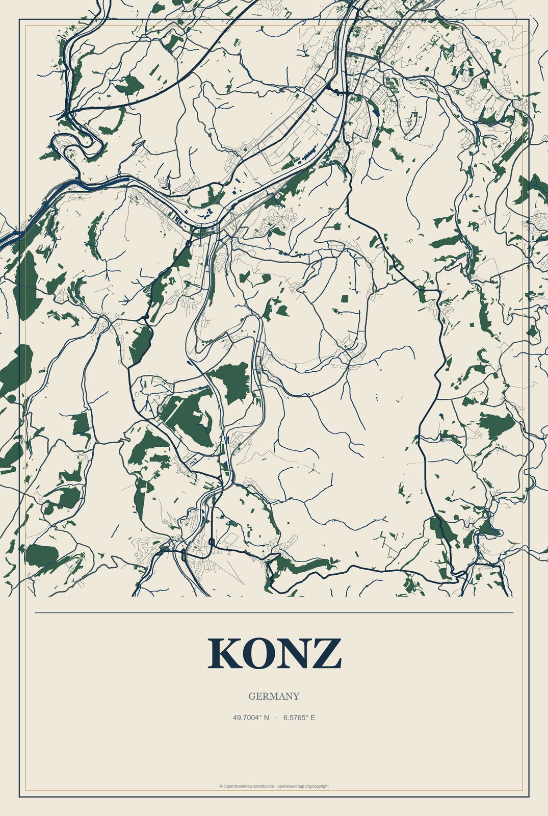 Konz, Germany City Map Aluminum Sign in Coastal Cutout style