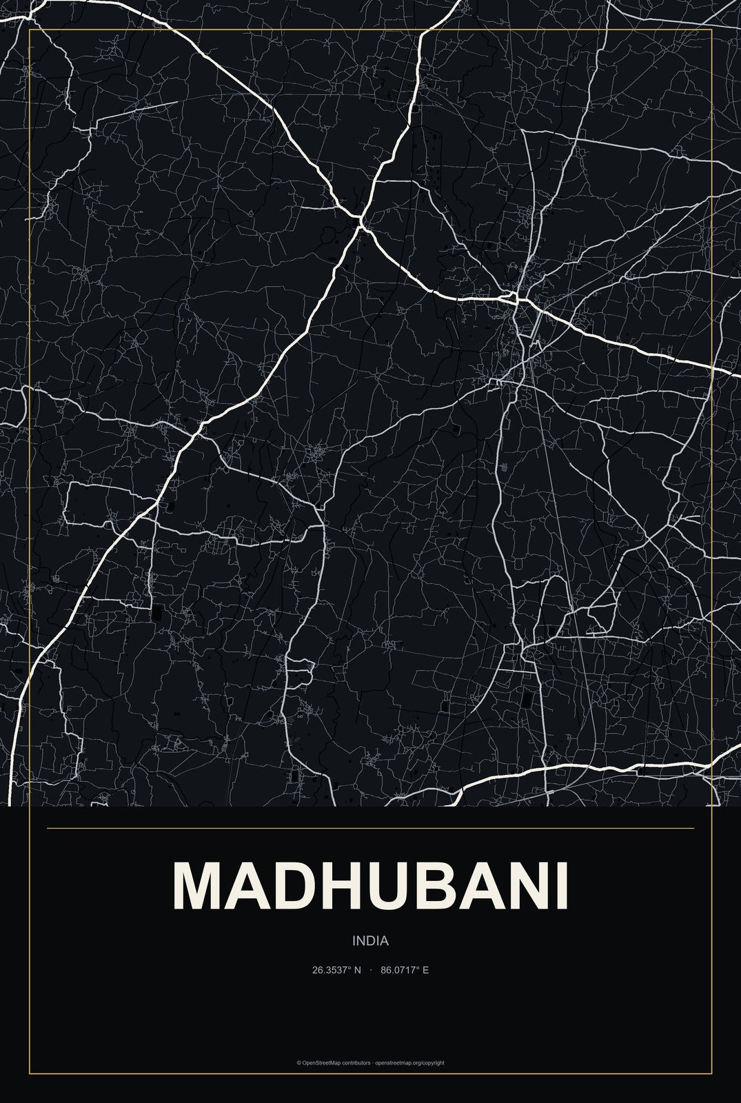 Madhubani, India City Map Aluminum Sign in Metropolitan Noir style
