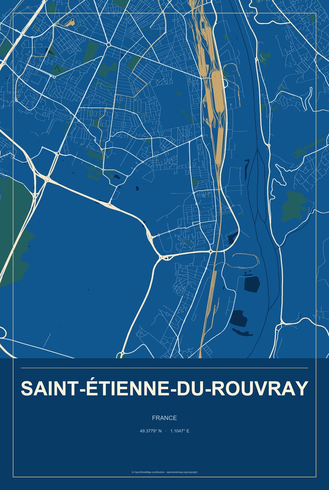 Saint-Étienne-du-Rouvray, France City Map Aluminum Sign in Harbor Cobalt style