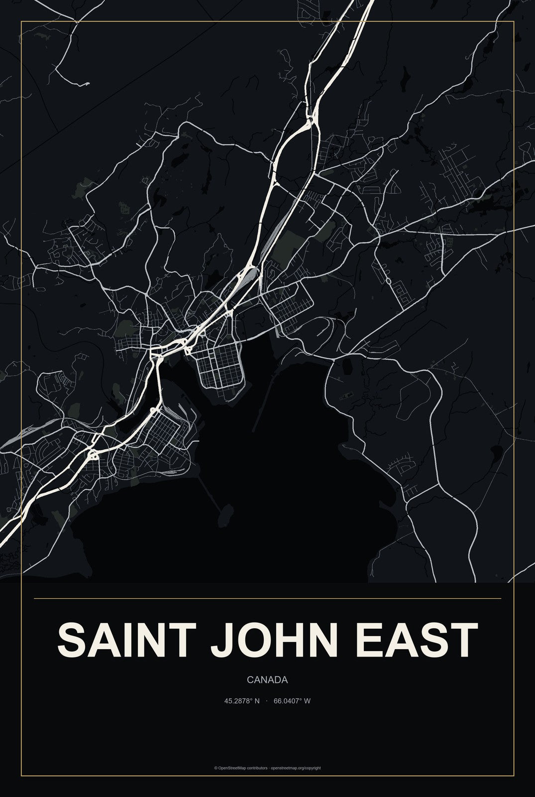 Saint John East, Canada City Map Aluminum Sign in Metropolitan Noir style
