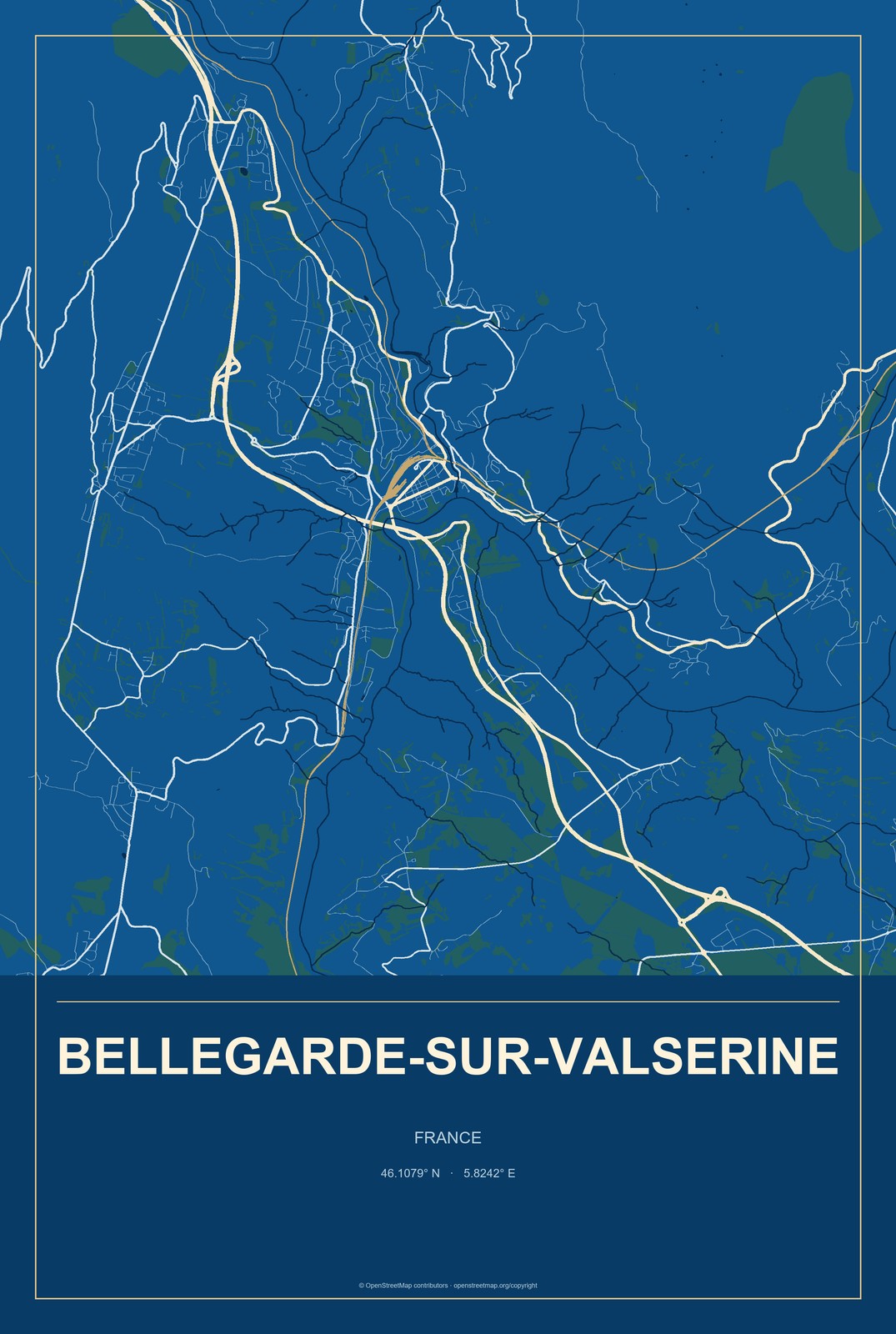 Bellegarde-sur-Valserine, France City Map Aluminum Sign in Harbor Cobalt style