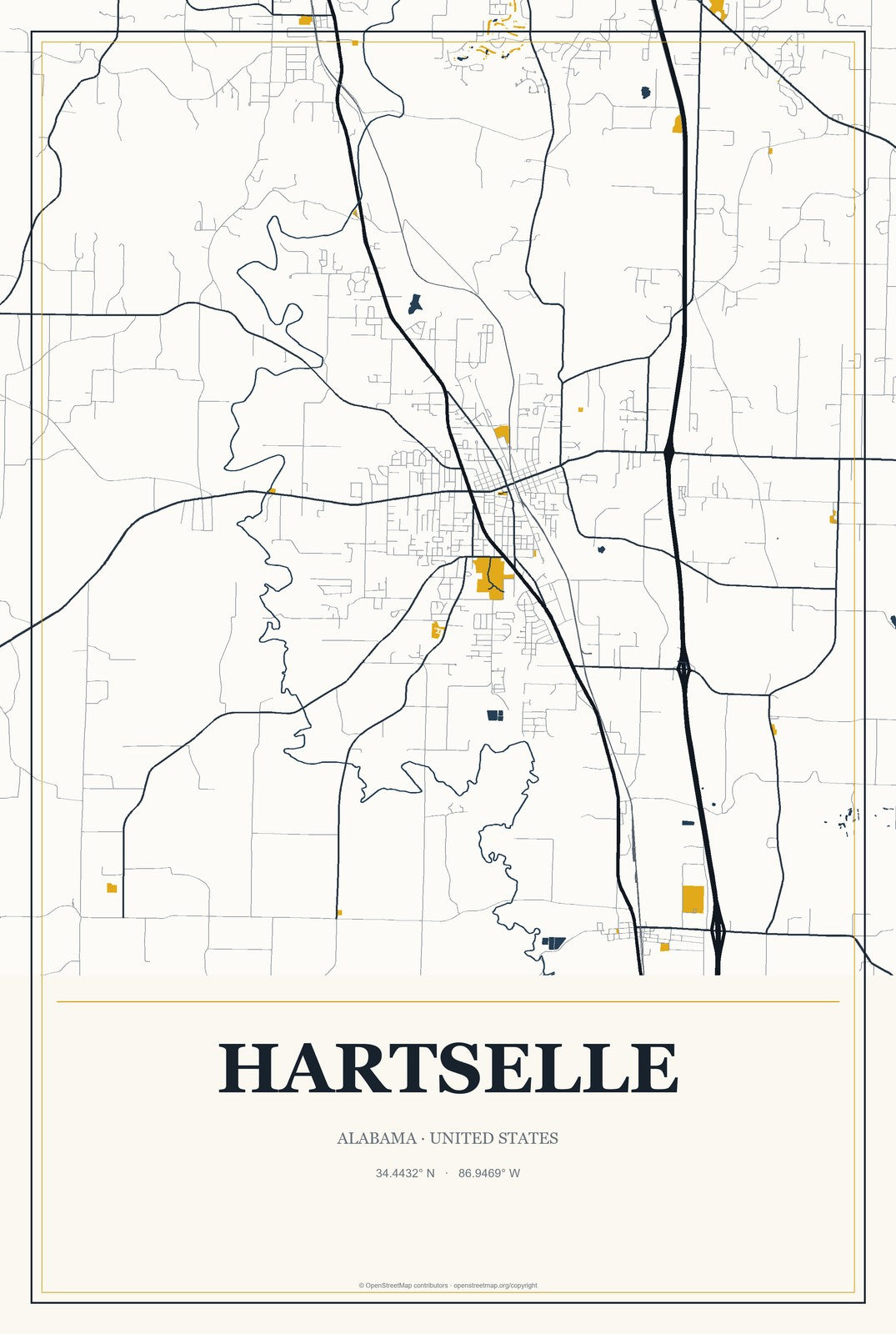 Hartselle, Alabama City Map Aluminum Sign in Citrine Modern style