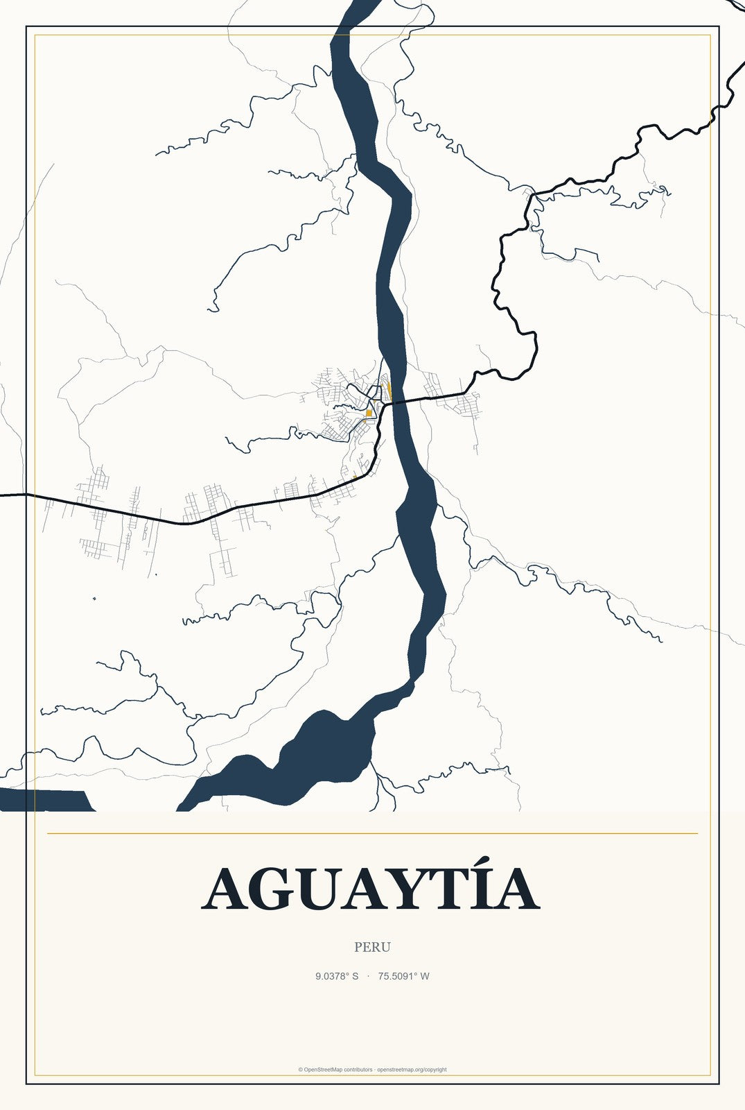 Aguaytía, Peru City Map Aluminum Sign in Citrine Modern style