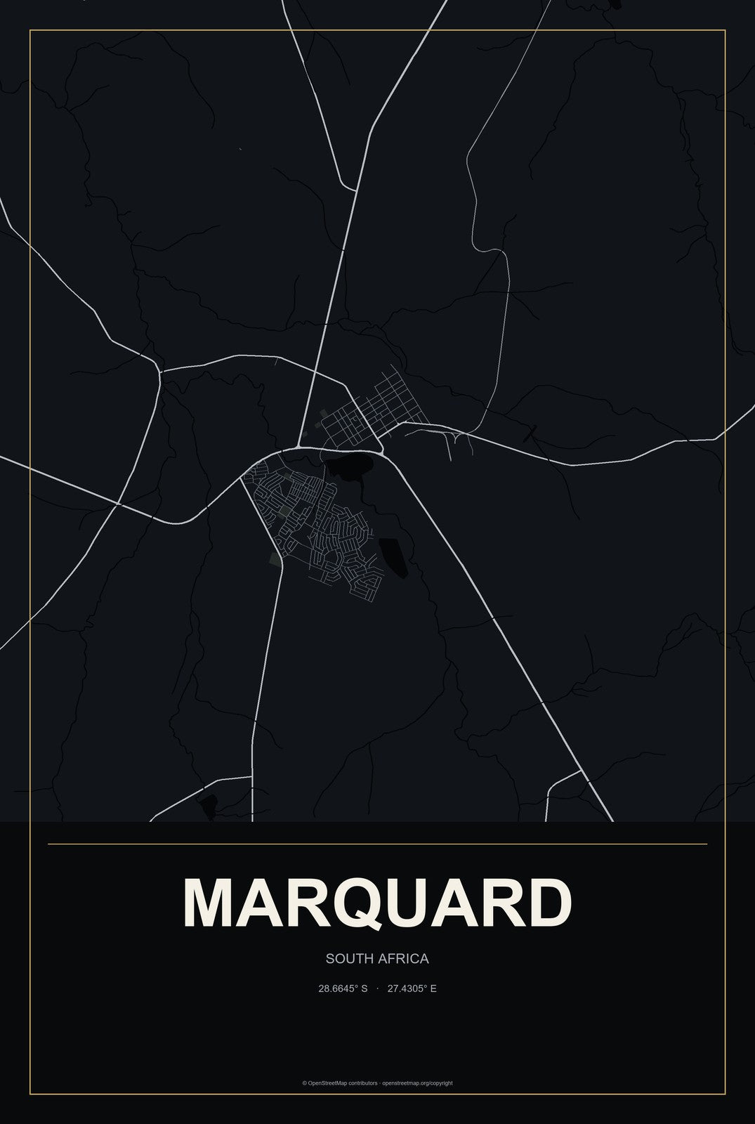 Marquard, South Africa City Map Aluminum Sign in Metropolitan Noir style
