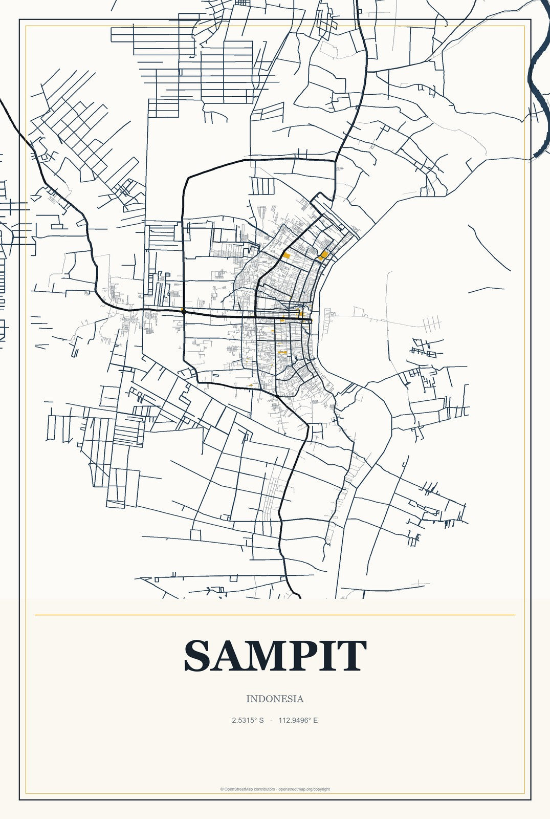 Sampit, Indonesia City Map Aluminum Sign in Citrine Modern style
