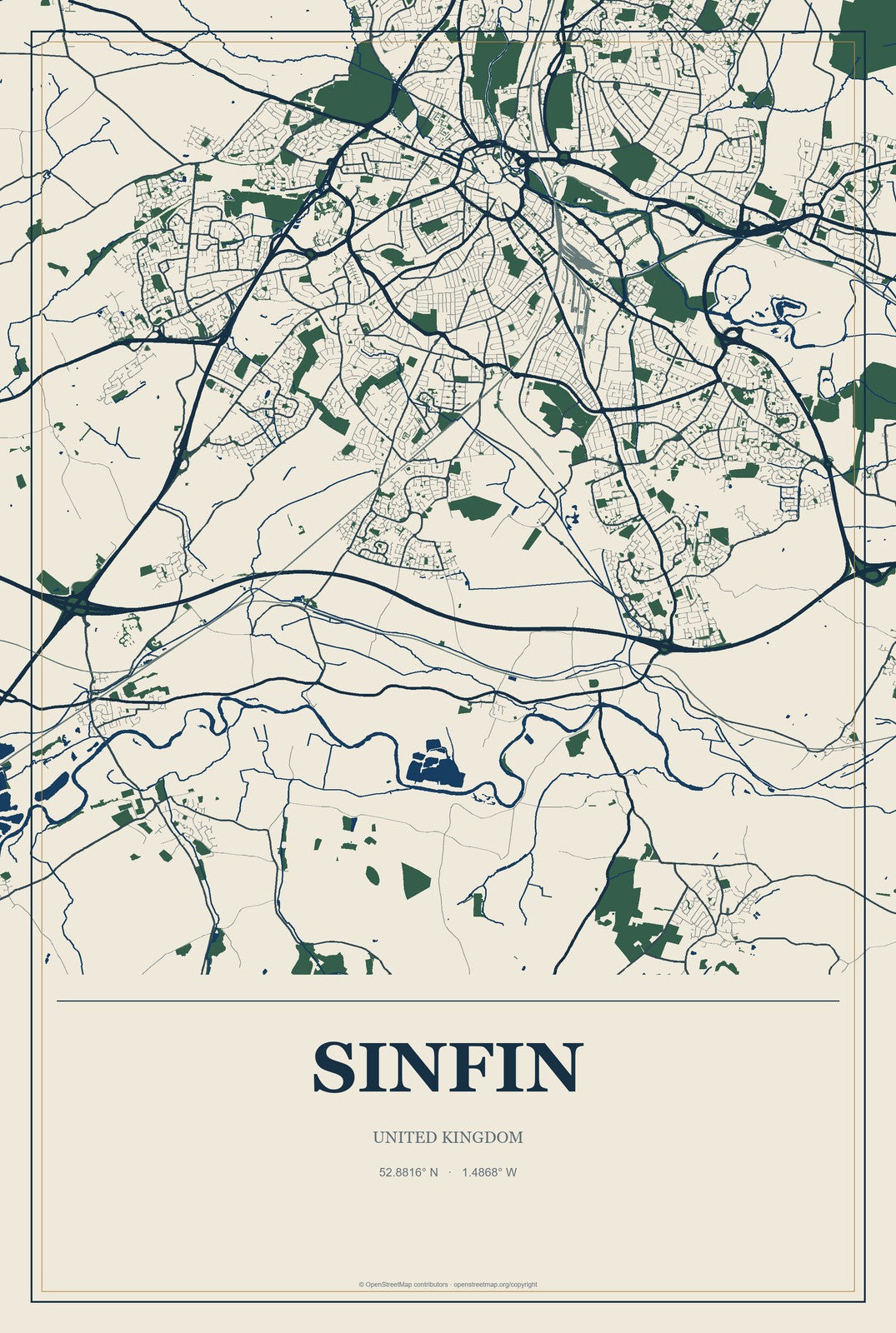 Sinfin, United Kingdom City Map Aluminum Sign in Coastal Cutout style