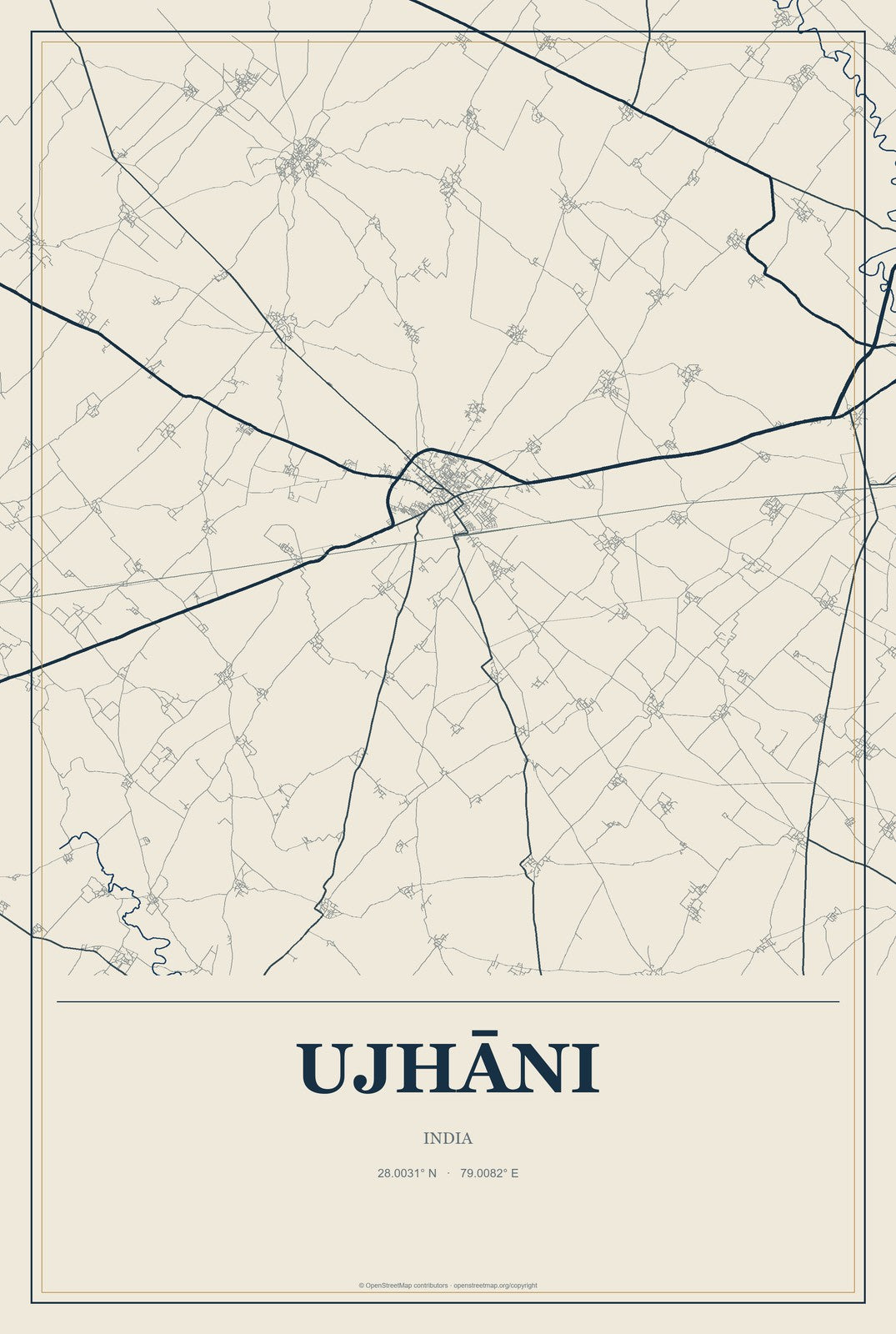 Ujhāni, India City Map Aluminum Sign in Coastal Cutout style