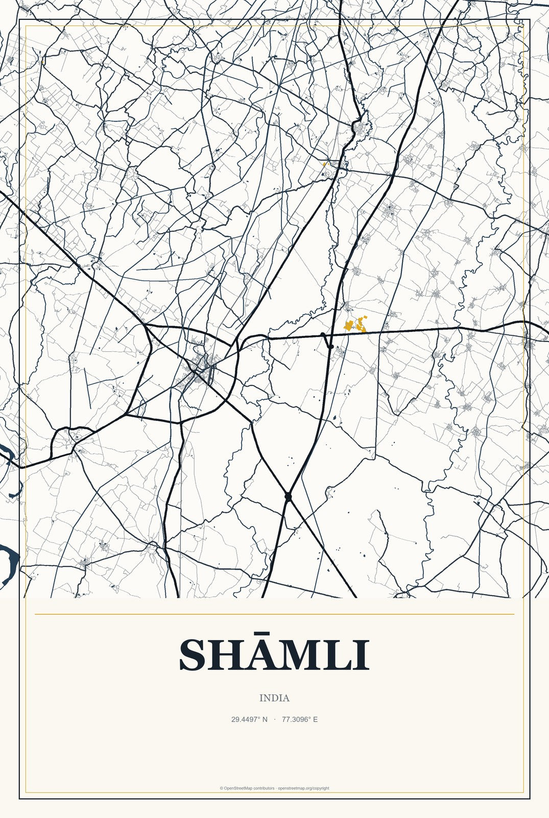 Shāmli, India City Map Aluminum Sign in Citrine Modern style