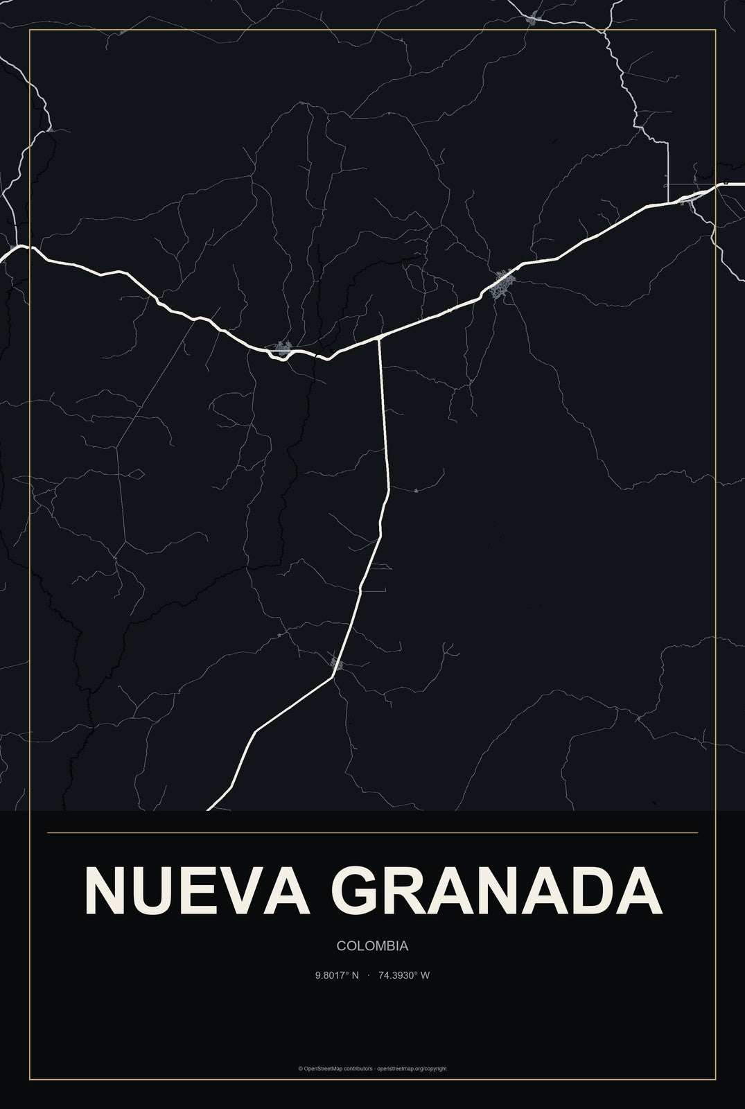 Nueva Granada, Colombia City Map Aluminum Sign in Metropolitan Noir style