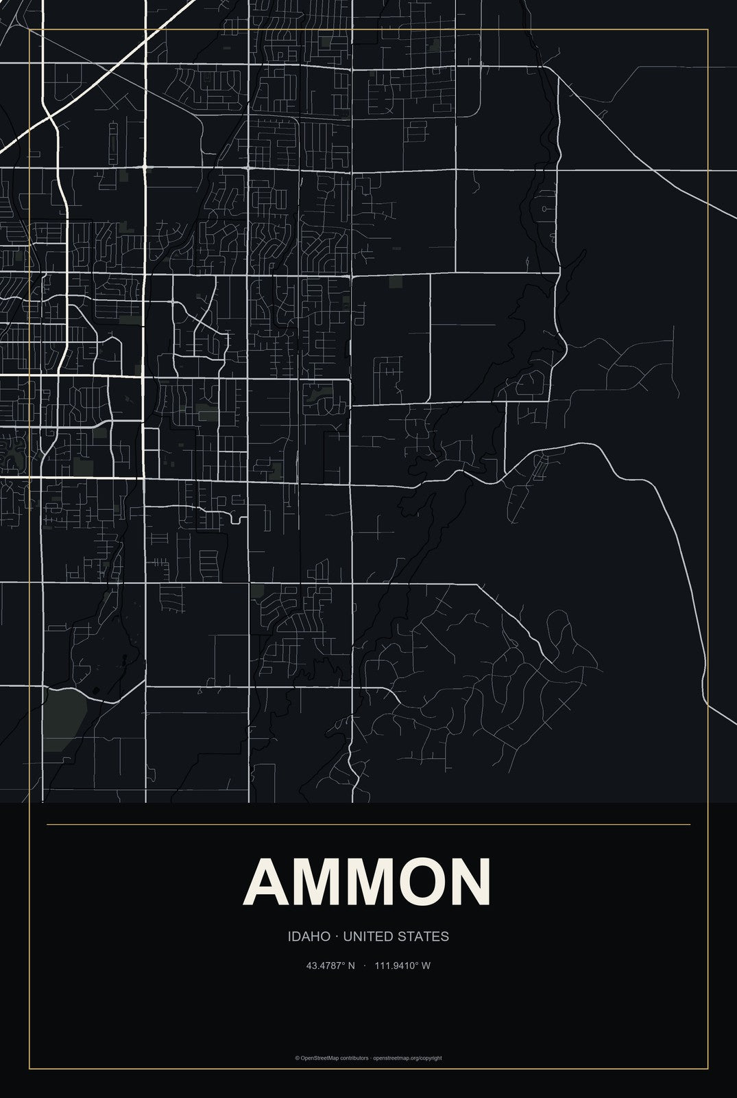 Ammon, Idaho City Map Aluminum Sign in Metropolitan Noir style