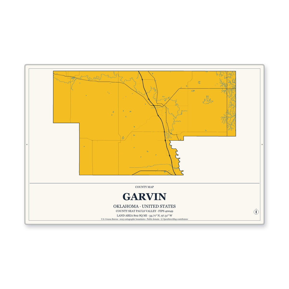 Garvin County, Oklahoma Map Aluminum Sign in Citrine Modern style