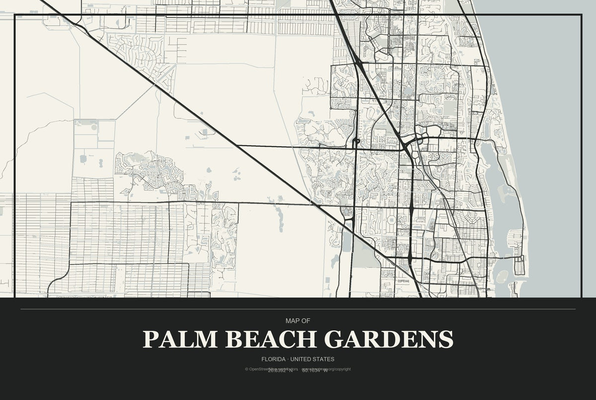 Palm Beach Gardens, Florida City Map Aluminum Sign in Museum Plaque style