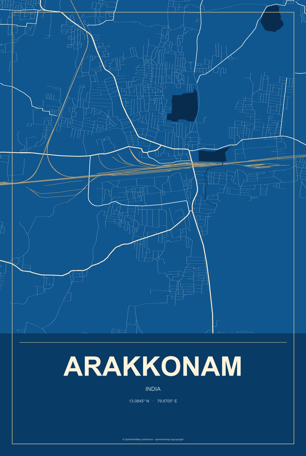 Arakkonam, India City Map Aluminum Sign in Harbor Cobalt style