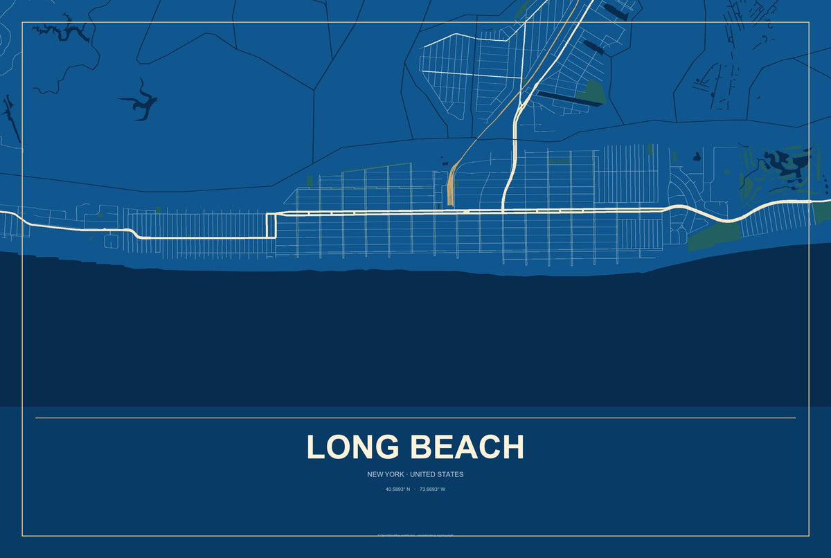 Long Beach, New York City Map Aluminum Sign in Harbor Cobalt style