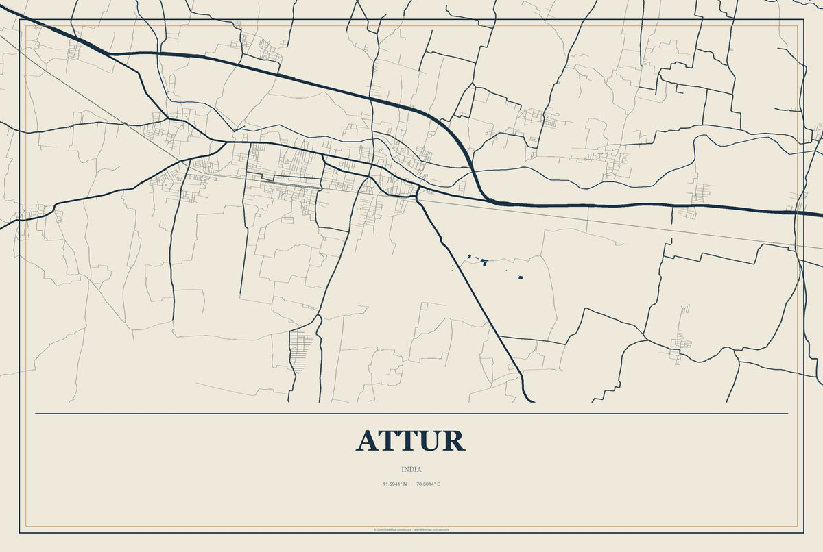 Attur, India City Map Aluminum Sign in Coastal Cutout style