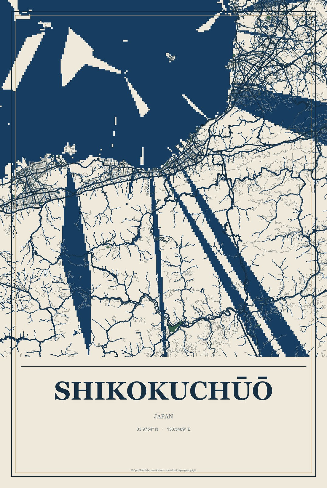 Shikokuchūō, Japan City Map Aluminum Sign in Coastal Cutout style