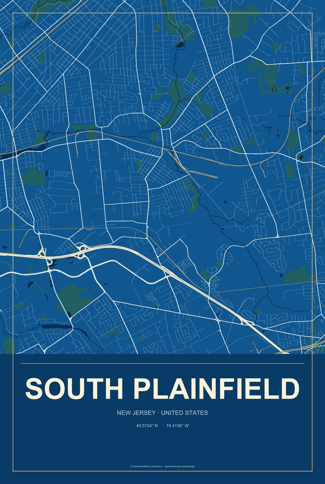 South Plainfield, New Jersey City Map Aluminum Sign in Harbor Cobalt style