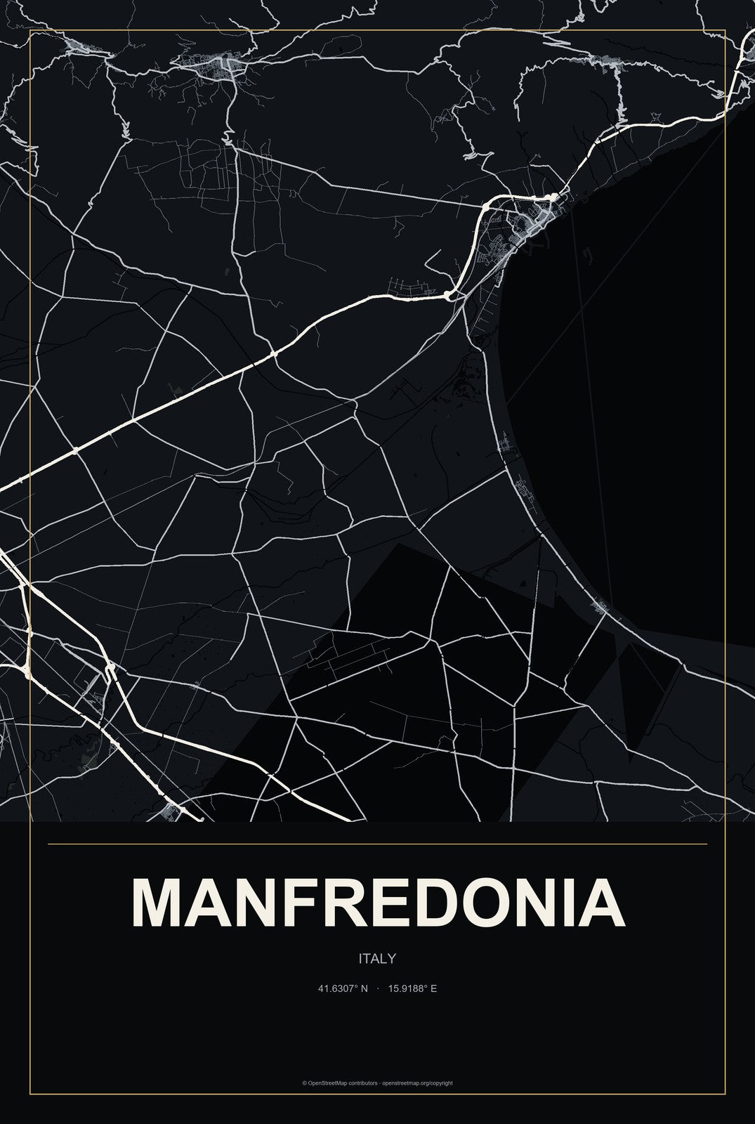 Manfredonia, Italy City Map Aluminum Sign in Metropolitan Noir style