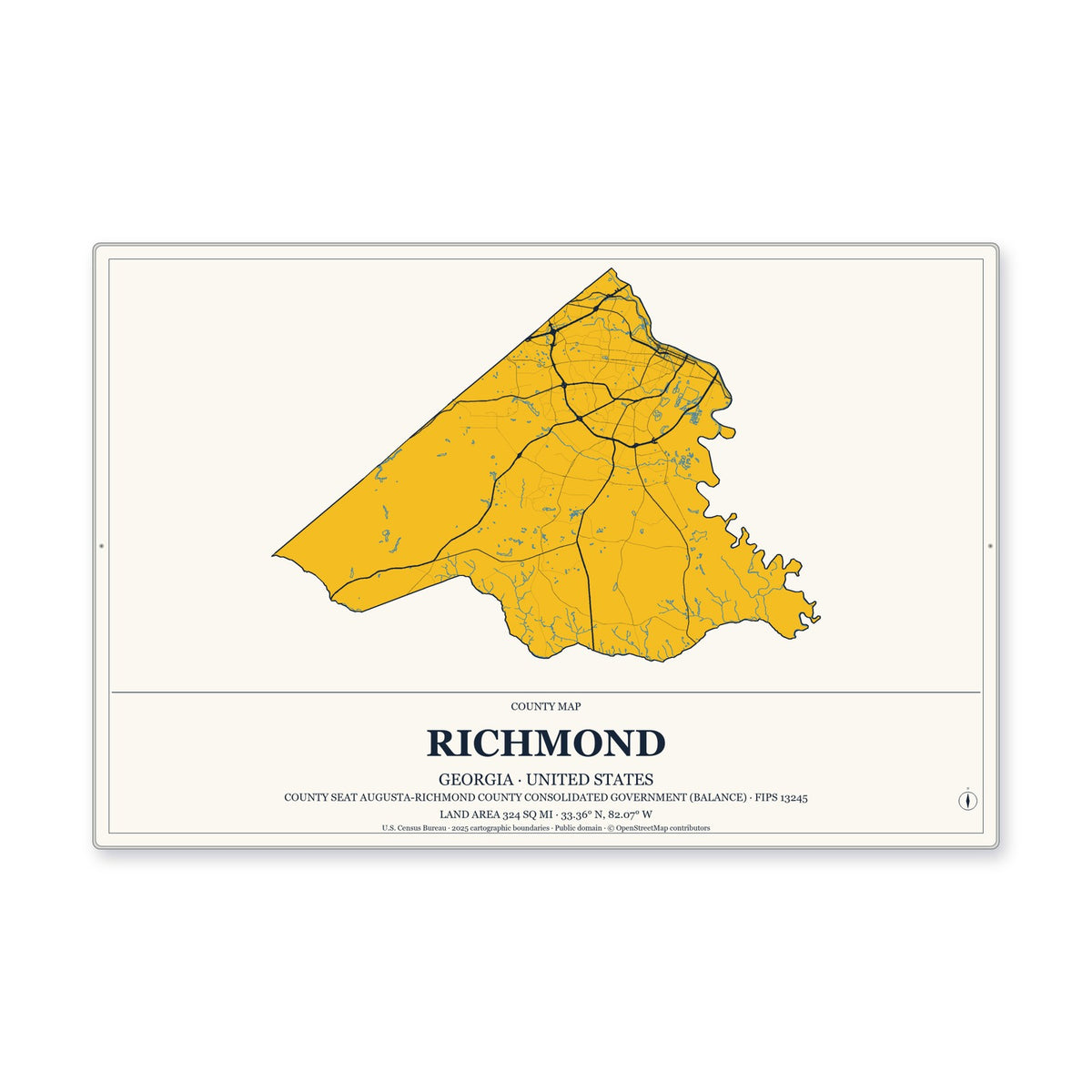 Richmond County, Georgia Map Aluminum Sign in Citrine Modern style