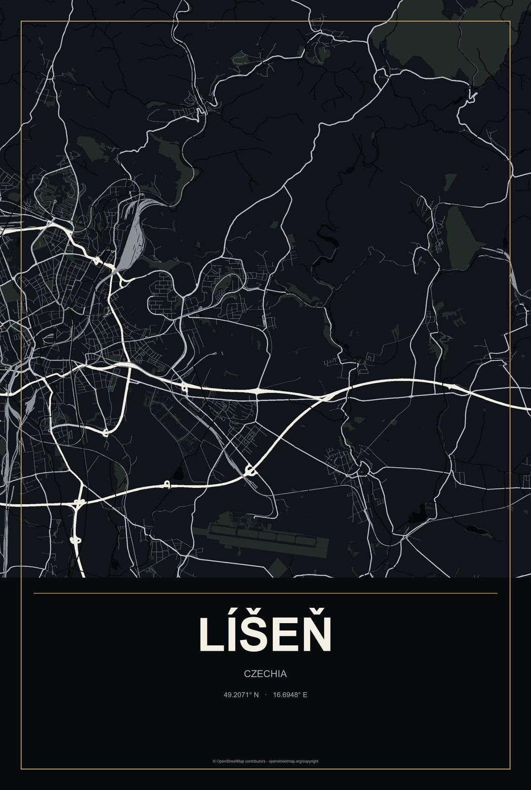 Líšeň, Czechia City Map Aluminum Sign in Metropolitan Noir style
