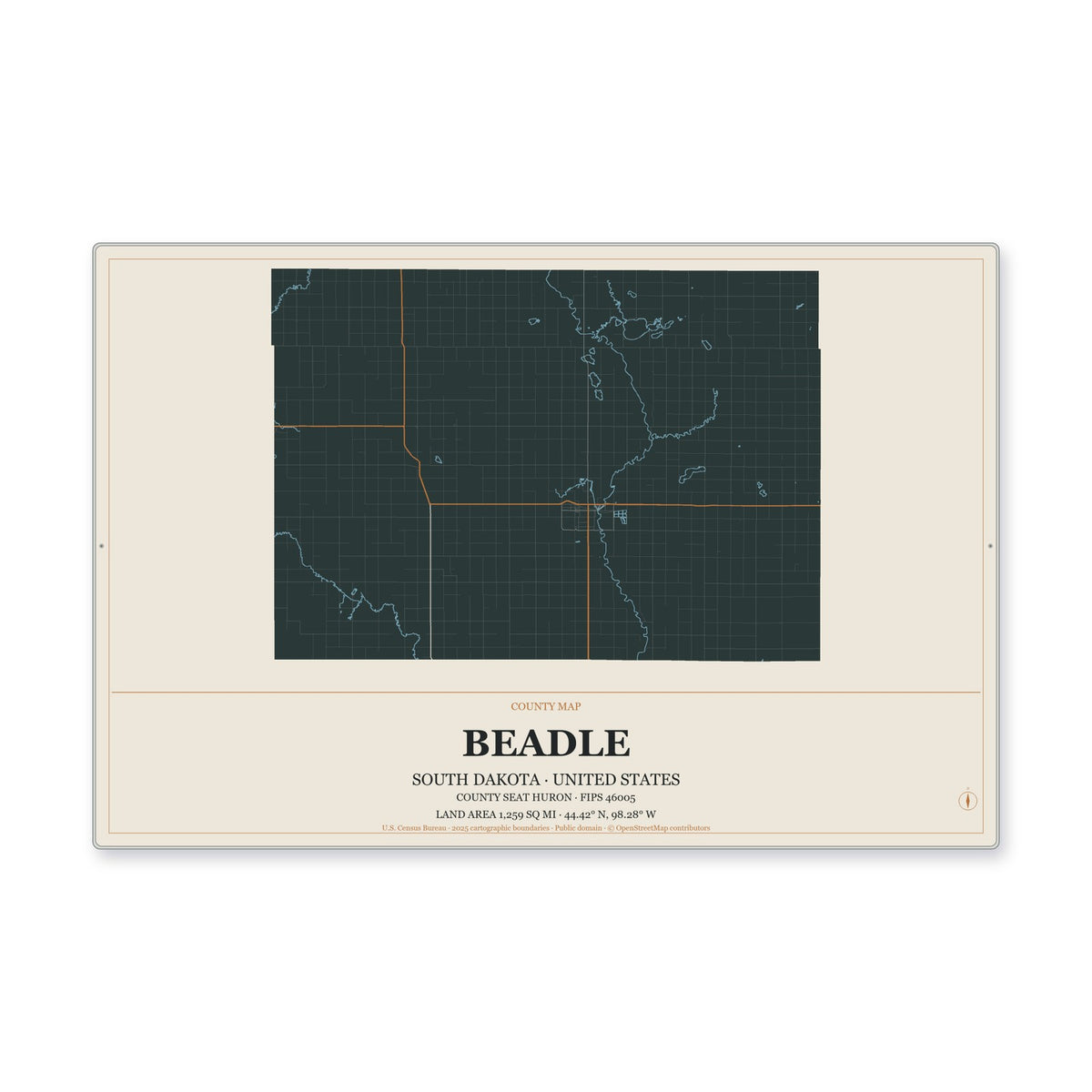 Beadle County, South Dakota Map Aluminum Sign in Headline Atlas style