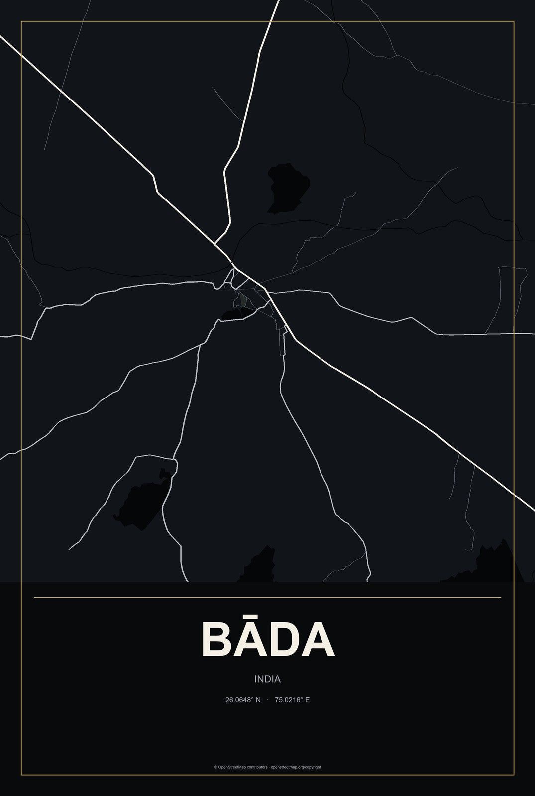Bāda, India City Map Aluminum Sign in Metropolitan Noir style