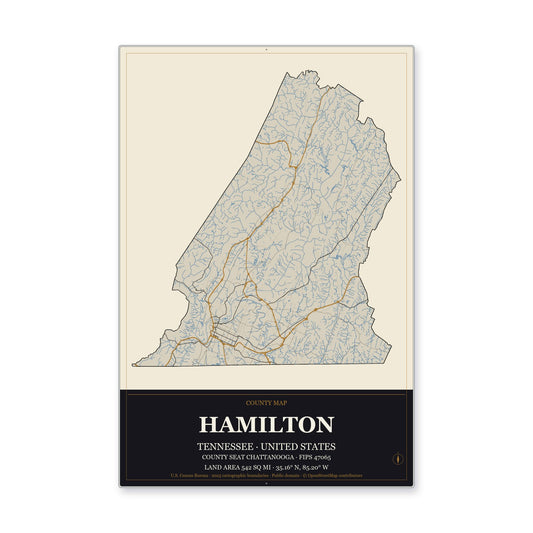 Hamilton County, Tennessee Map Aluminum Sign in Museum Plaque style