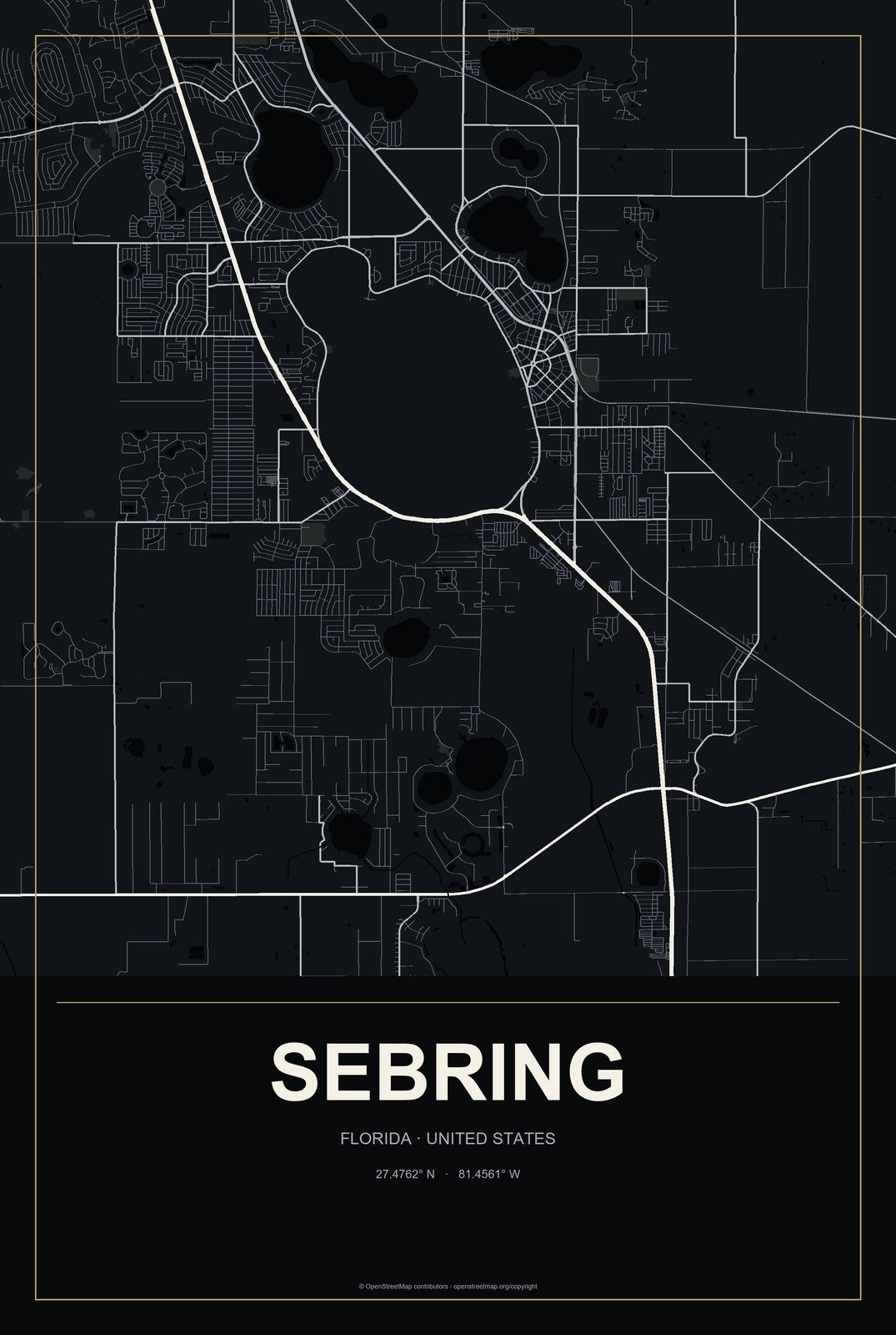 Sebring, Florida City Map Aluminum Sign in Metropolitan Noir style
