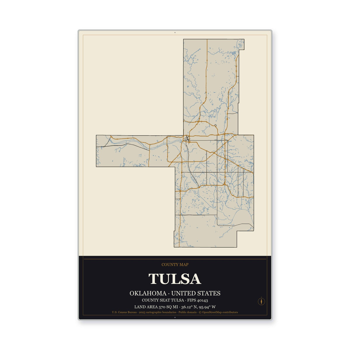 Tulsa County, Oklahoma Map Aluminum Sign in Museum Plaque style