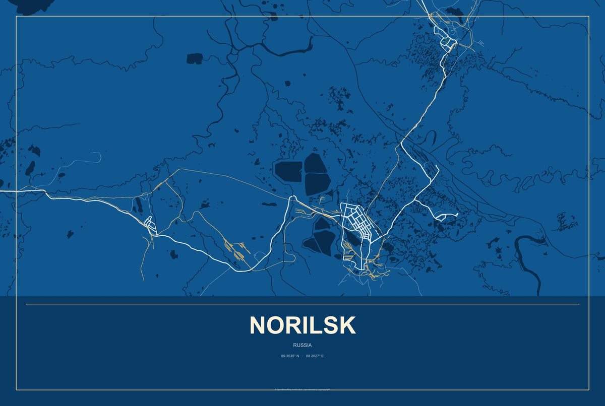 Norilsk, Russia City Map Aluminum Sign in Harbor Cobalt style