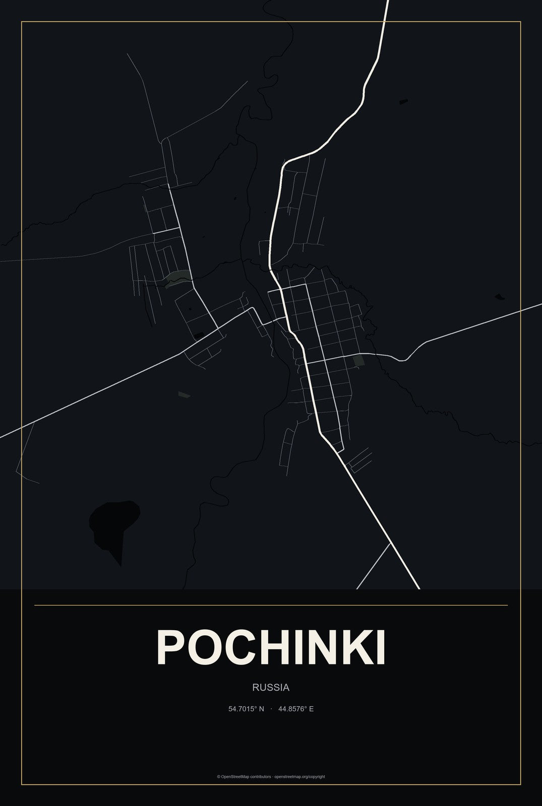 Pochinki, Russia City Map Aluminum Sign in Metropolitan Noir style