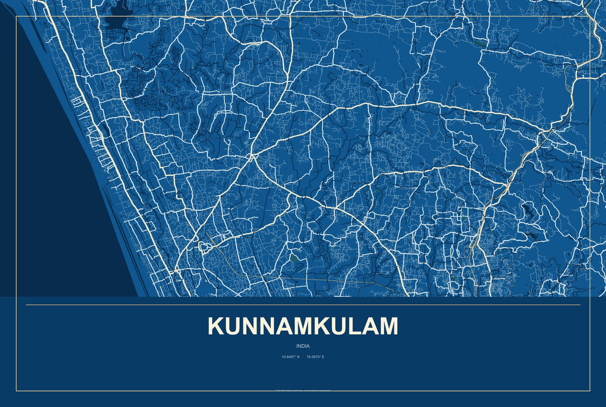 Kunnamkulam, India City Map Aluminum Sign in Harbor Cobalt style