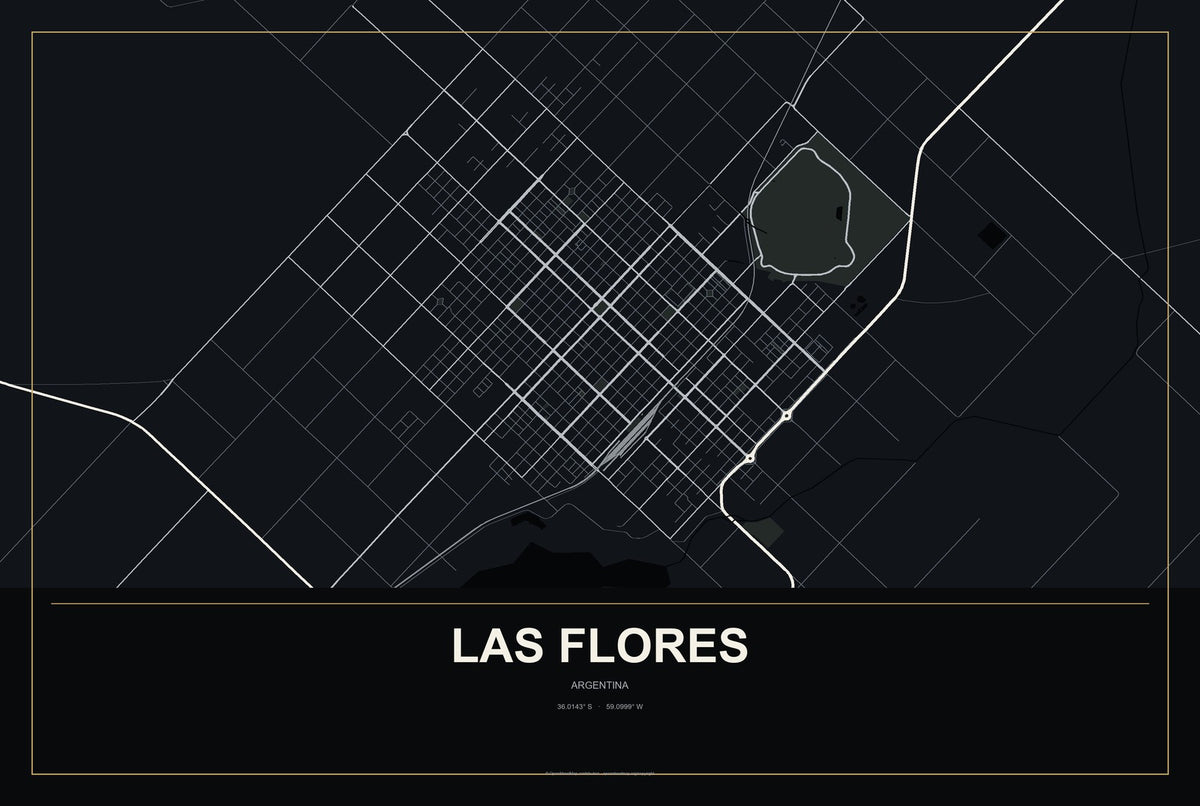 Las Flores, Argentina City Map Aluminum Sign in Metropolitan Noir style