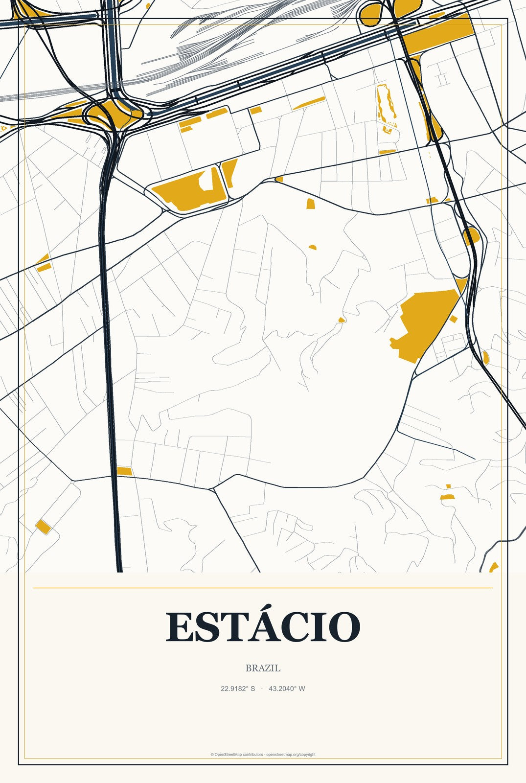 Estácio, Brazil City Map Aluminum Sign in Citrine Modern style