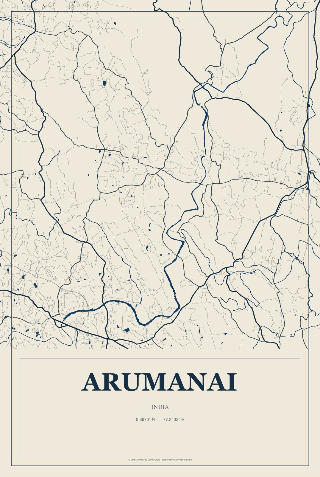 Arumanai, India City Map Aluminum Sign in Coastal Cutout style