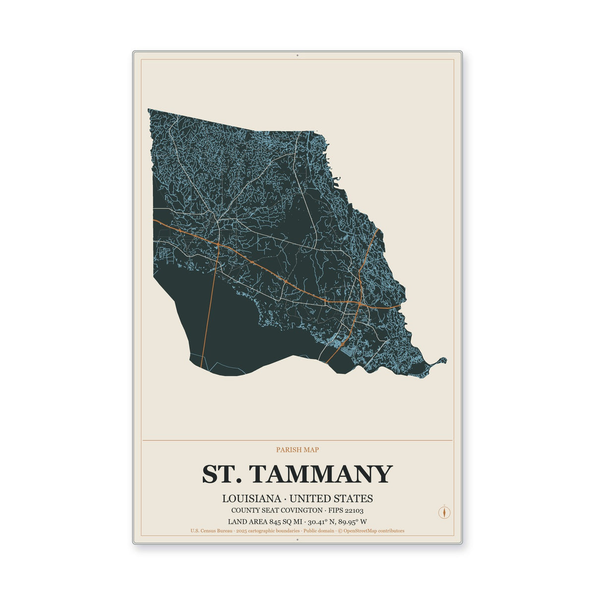 St. Tammany Parish, Louisiana Map Aluminum Sign in Headline Atlas style