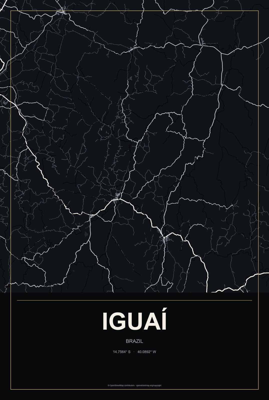 Iguaí, Brazil City Map Aluminum Sign in Metropolitan Noir style