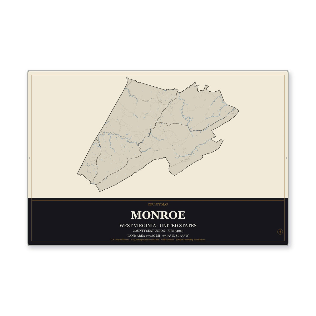 Monroe County, West Virginia Map Aluminum Sign in Museum Plaque style