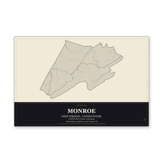 Monroe County, West Virginia Map Aluminum Sign in Museum Plaque style