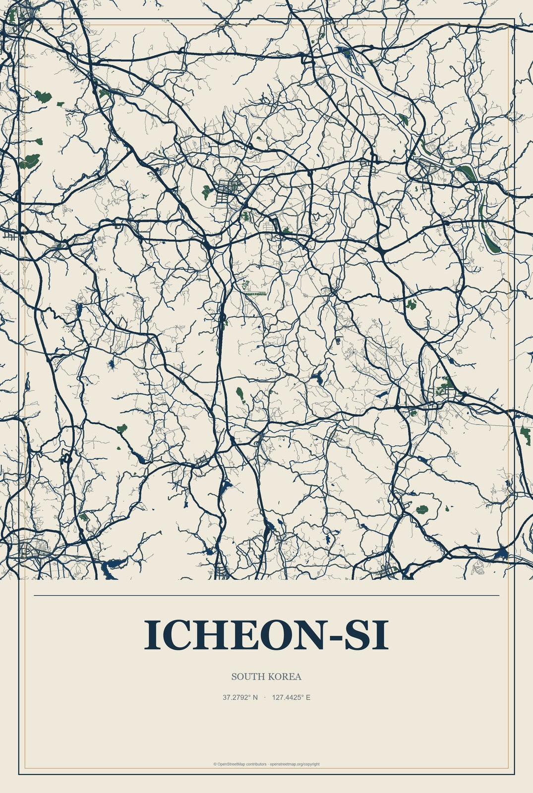 Icheon-si, South Korea City Map Aluminum Sign in Coastal Cutout style